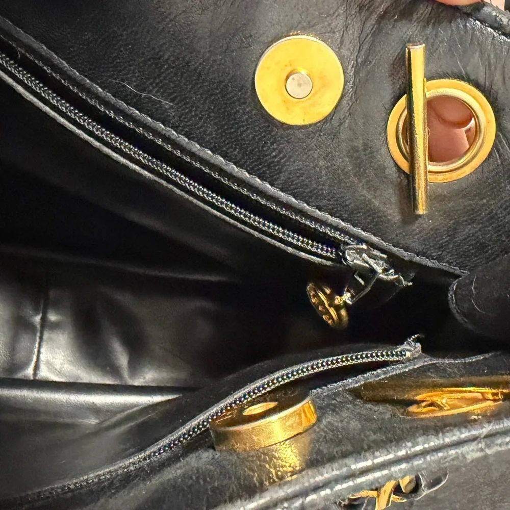 Chanel Vintage Quilted Lambskin Slit Pocket Shoulder Tote Black Gold Chain Charm